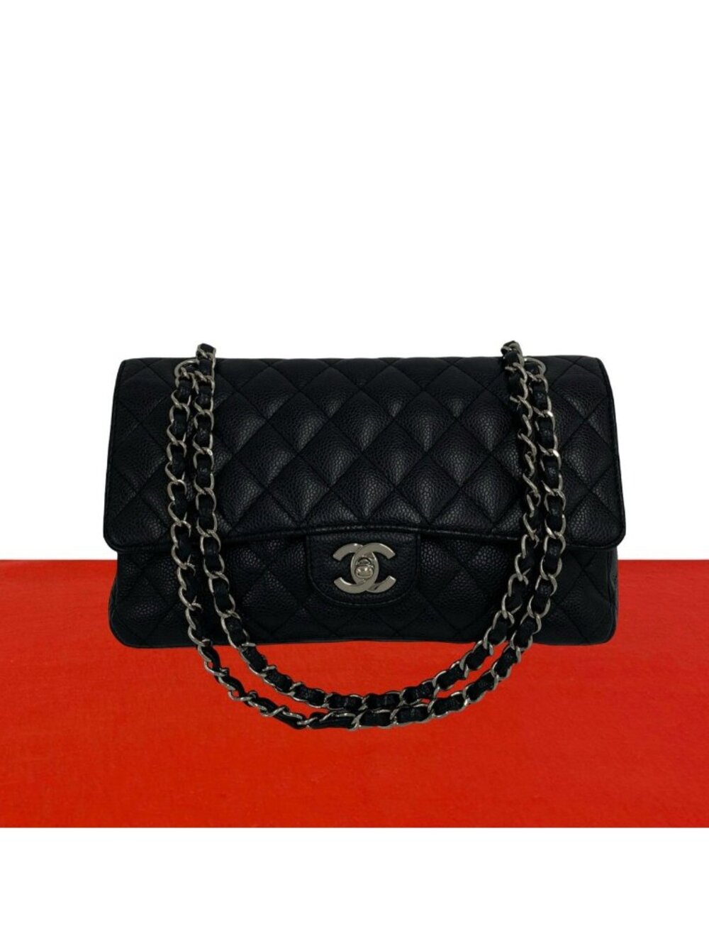 Chanel Double Flap Quilted CC Logo Caviar Leather Shoulder Bag Black